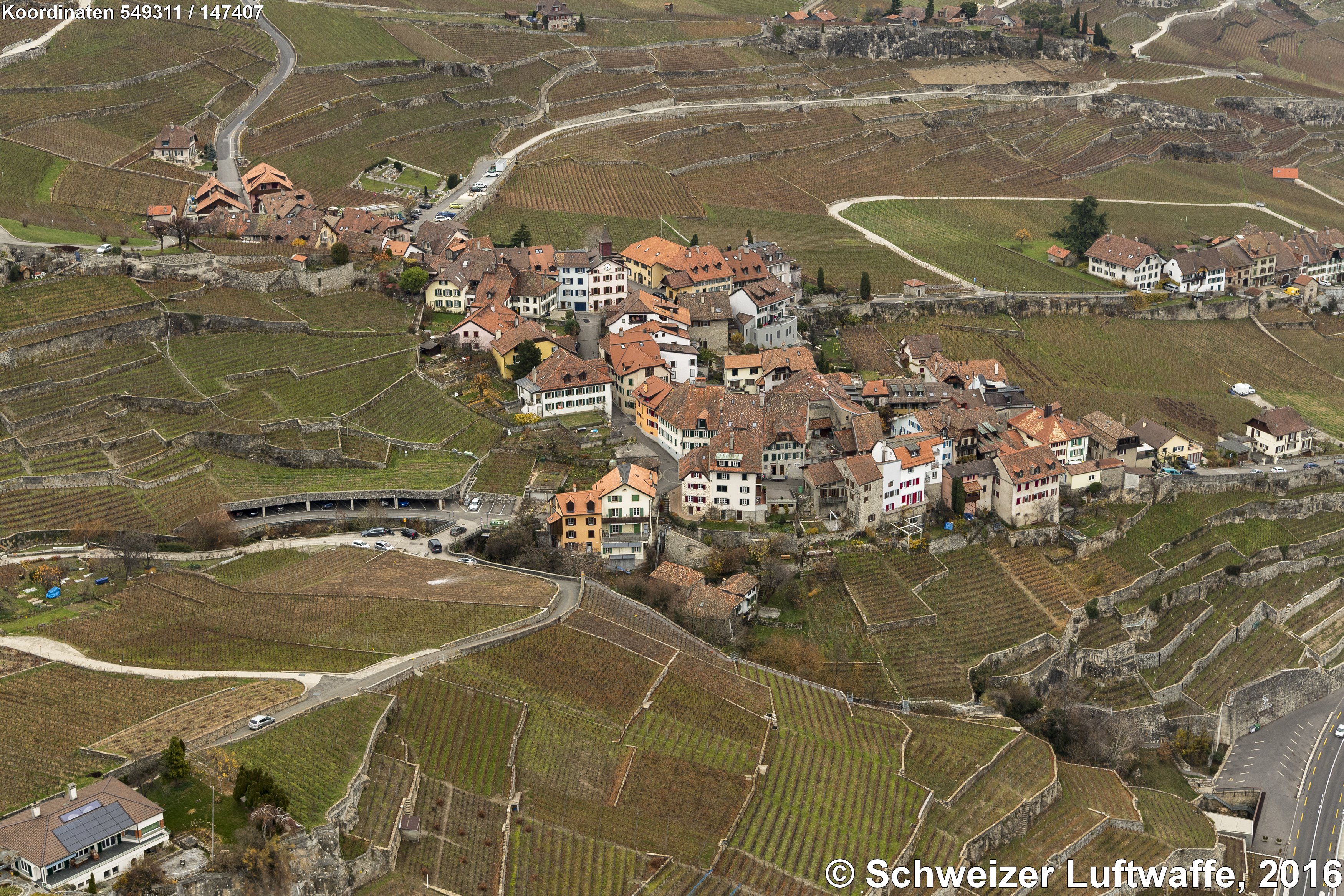 Lavaux: Dorf Rivaz am Chebrex (Position 2'549'293.15, 1'147'473.65) mit den Rebbergen der Lavaux. Es gibt über 300 verschiedene Weine zu degustieren.